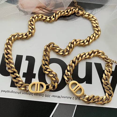 golden color Thick Letter Titanium Steel Necklace &