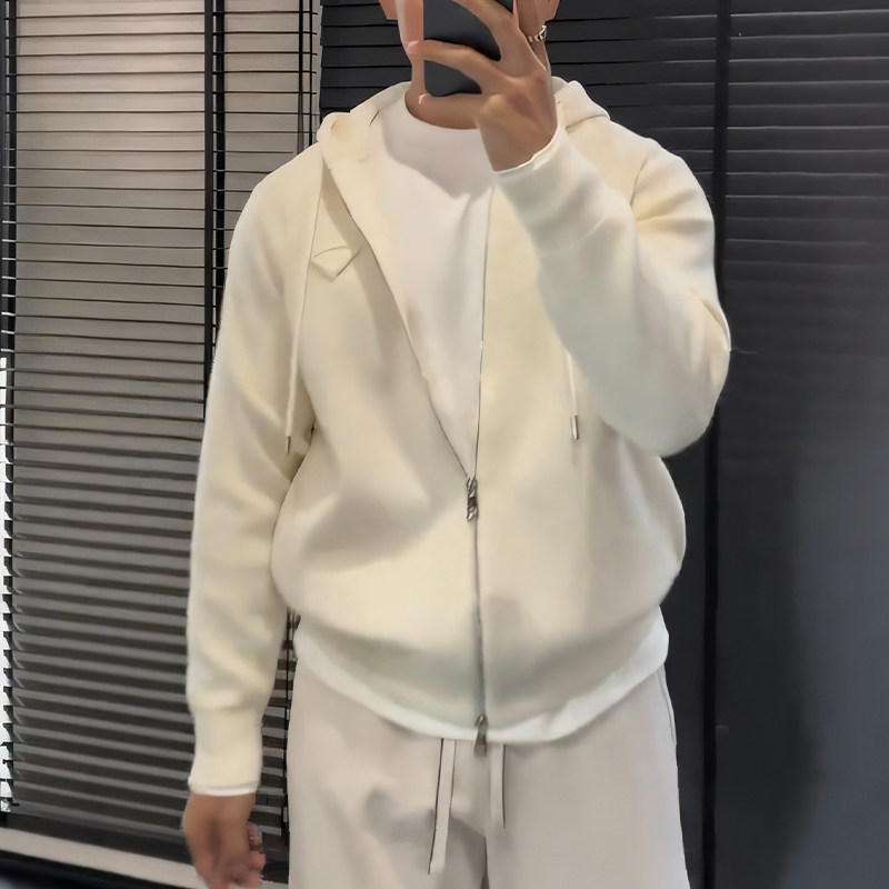 2025秋冬新款米色针织开衫外套双拉链帽衫简约上衣纯色时尚男毛衣,男装,羊绒开衫,淘宝优惠券,粉丝福利购,淘宝优惠卷