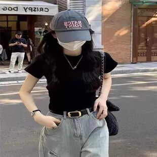 气质百搭正肩圆领T恤女短袖2024夏季新款打底衫修身显瘦纯棉上衣