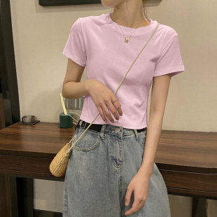 韩版套头圆领修身短袖T恤女2025夏季新款显瘦绿色百搭针织上衣女