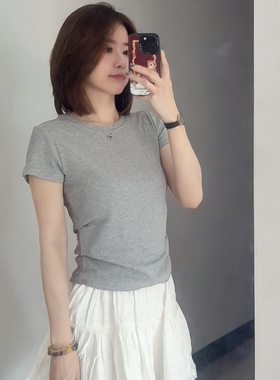 正肩圆领短袖T恤女灰色修身显瘦打底衫上衣极简风百搭美式复古潮