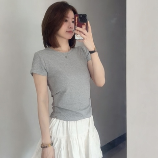 上衣极简风百搭美式 显瘦打底衫 复古潮 T恤女灰色修身 正肩圆领短袖