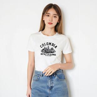 正肩短袖t恤女装纯棉修身显瘦体恤2025夏季新款美式复古小众上衣