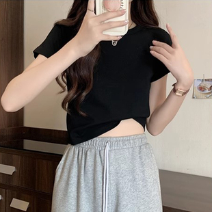 正肩纯棉硬挺短袖t恤女时尚白色圆领上衣厚款打底衫春夏秋季纯色