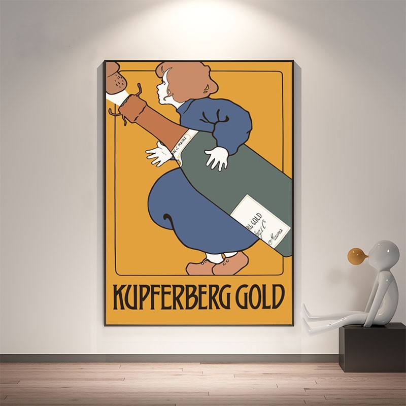 中古海报小众装饰画抱香槟红酒的女孩卡通客厅玄关波普风艺术挂画