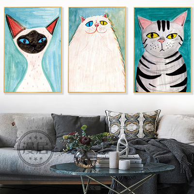 北欧风白猫咪装饰画现代简约卡通客厅沙发背景墙壁创意动物无框画图片