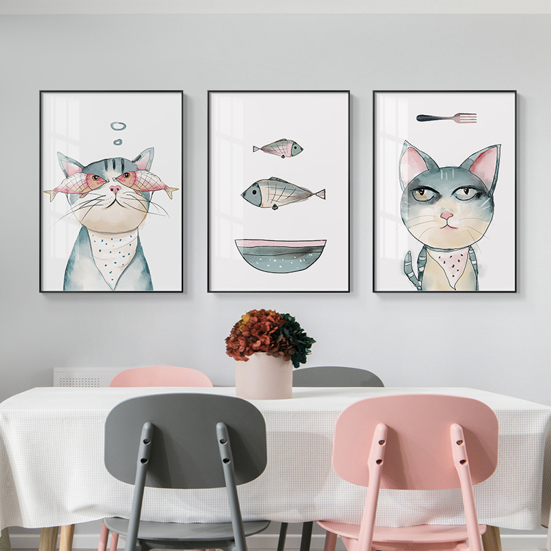 猫和鱼 简约餐厅装饰画北欧猫咪小清新饭厅餐桌挂画现代墙面墙画图片