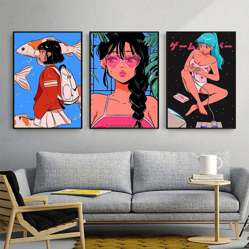 蒸汽波挂画电竞房间装饰画赛博朋克二次元少女宿舍卧室ins风壁画