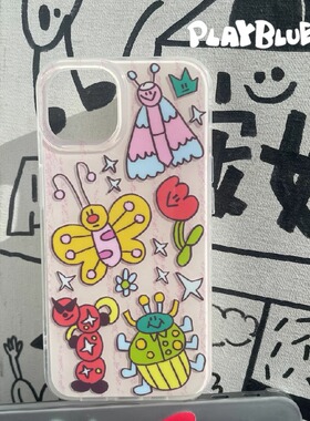 PlayBluee 原创粉色昆虫亮面手机壳适用于华为苹果17p16pro