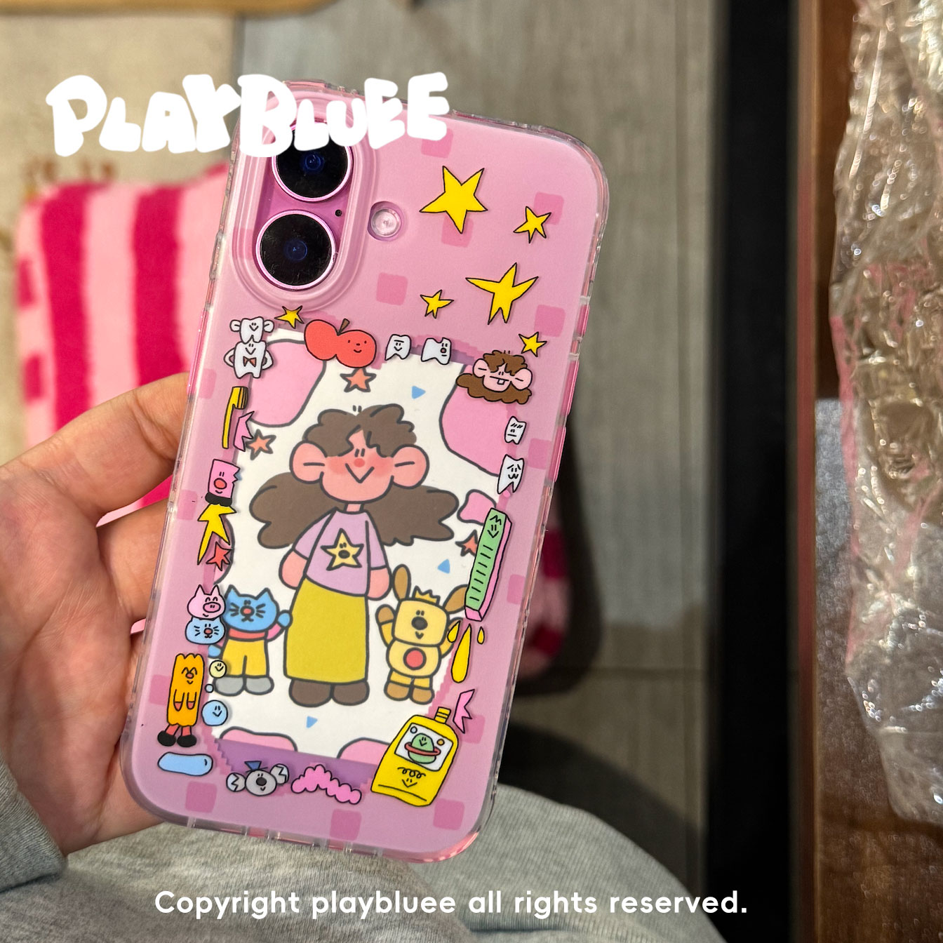 PlayBluee 原创粉色方块镂空小卡照片磨砂手机壳适用于苹果16华为