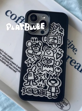 PlayBluee 原创黑白涂鸦磨砂黑边手机壳适用于苹果1617磁吸
