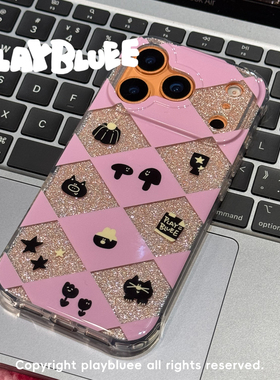 PlayBluee 原创IP复古粉色菱格光面手机壳适用于17pro华为磁吸