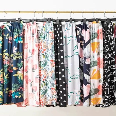 夏季棉绸阔腿裤宽松大尺码九分裤女士家居可外穿人造棉裤子休闲