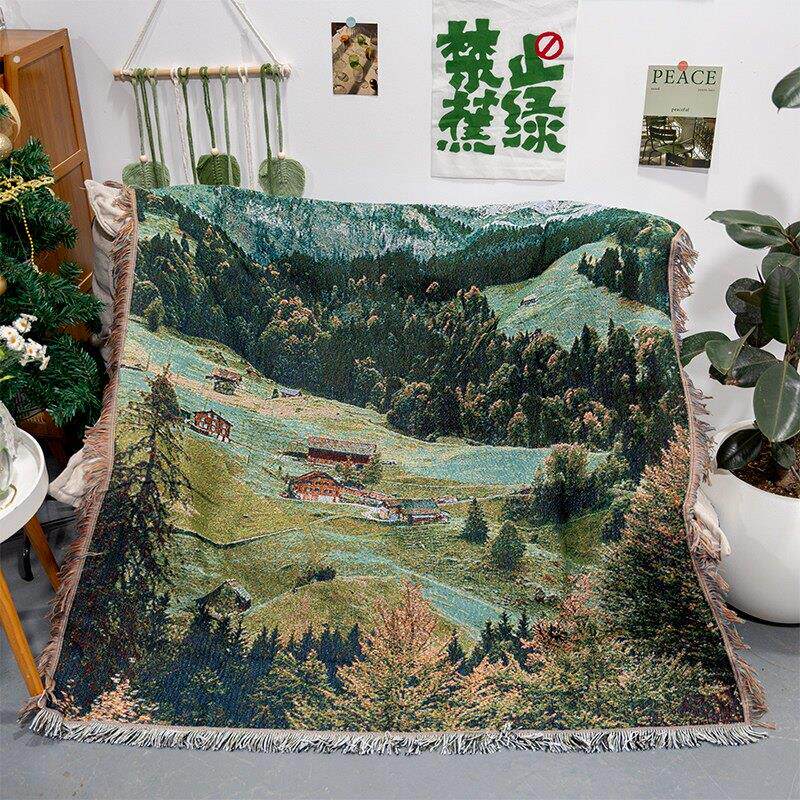 美式复古森林风景沙发毯子沙发垫盖布民宿装饰毯午睡盖毯卧室地毯