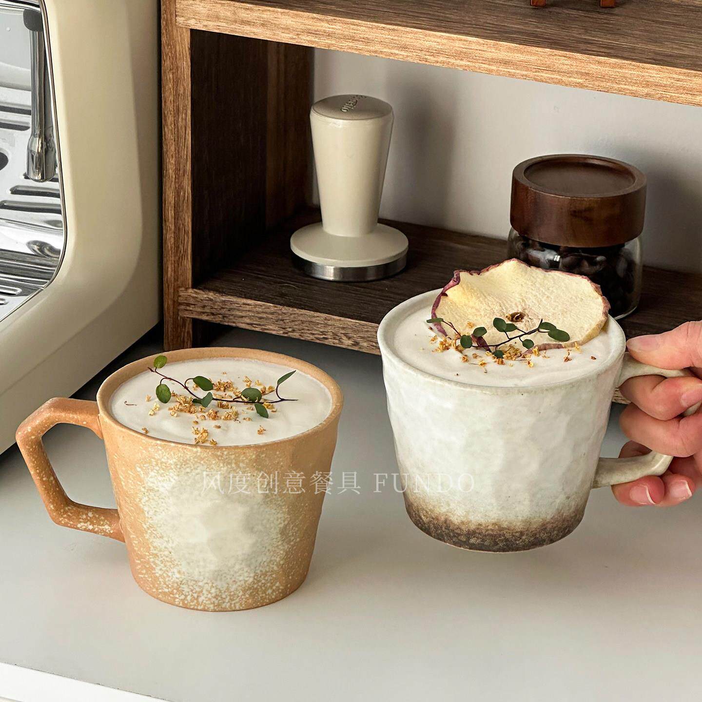 日式复古马克杯耳挂咖啡杯碟套装手工粗陶杯创意大容量茶杯水杯子
