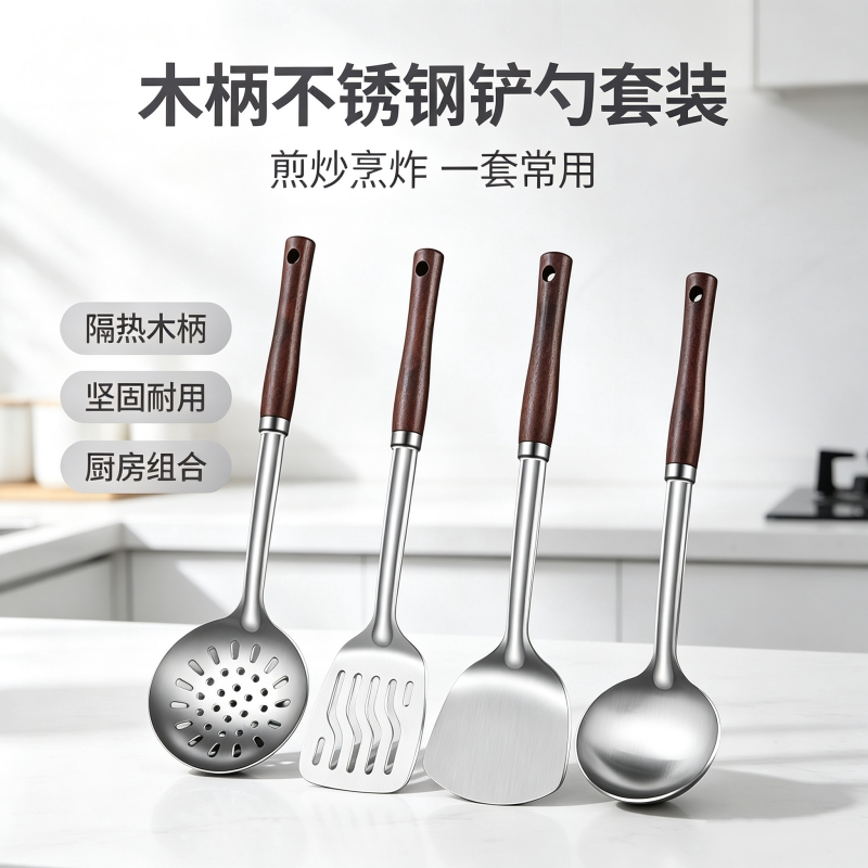 不锈钢锅铲炒菜铁铲子家用厨房防烫炒菜炒勺漏勺煎铲实木手柄厨具
