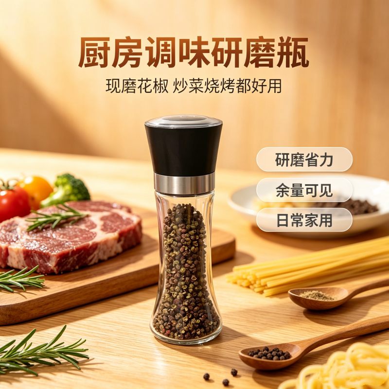 家用可调节塑料胡椒研磨器手动研磨瓶海盐黑白胡椒粒花椒磨粉神器