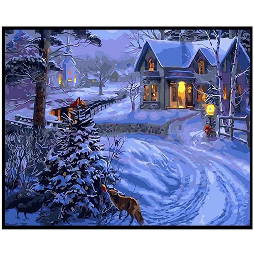 diy数字油彩画填色手绘工油画风景雪夜晚唯美月光装饰