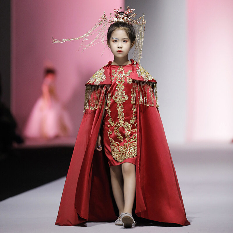儿童礼服中国风台走秀童模霸气公主拖尾国潮女童舞台古筝演出服t