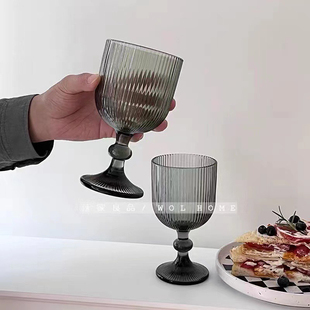 烟灰竖纹玻璃杯家用中古风加厚红酒杯自制饮料高脚甜品杯水杯套装