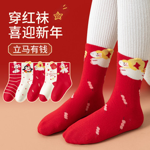 女童袜子新年红袜儿童女孩宝宝可爱卡通喜庆节日鸿运袜秋冬中筒袜