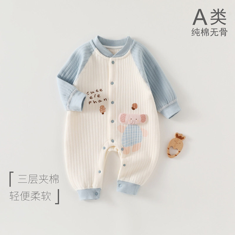 婴儿保暖连体衣秋冬季纯棉衣服三层夹棉内衣加棉加厚男女宝宝冬装