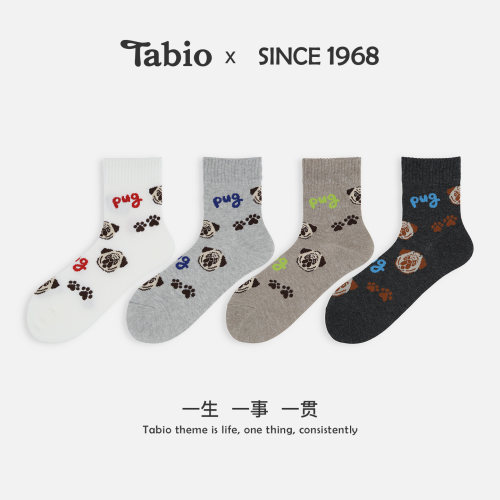 Tabio巴哥犬印花袜子女春秋舒适高弹卡通小狗女袜中筒袜潮亲子袜