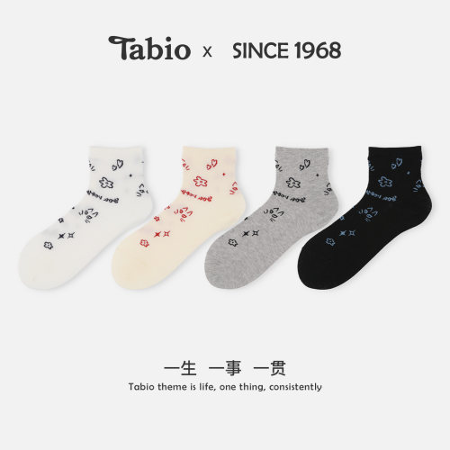 Tabio手绘风简笔画袜子女夏季高弹透气中筒袜日系休闲百搭潮袜女