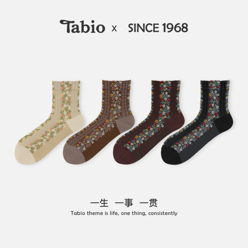 Tabio袜子女春秋高弹透气森系碎花中筒袜文艺日系百搭个性中筒袜