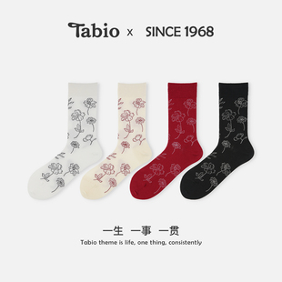 Tabio花卉袜子女秋冬高弹透气百搭中筒袜文艺清新优雅设计感潮袜