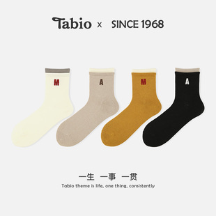 Tabio字母刺绣袜子女秋冬高弹透气中筒袜ins潮袜时尚 袜 百搭设计款