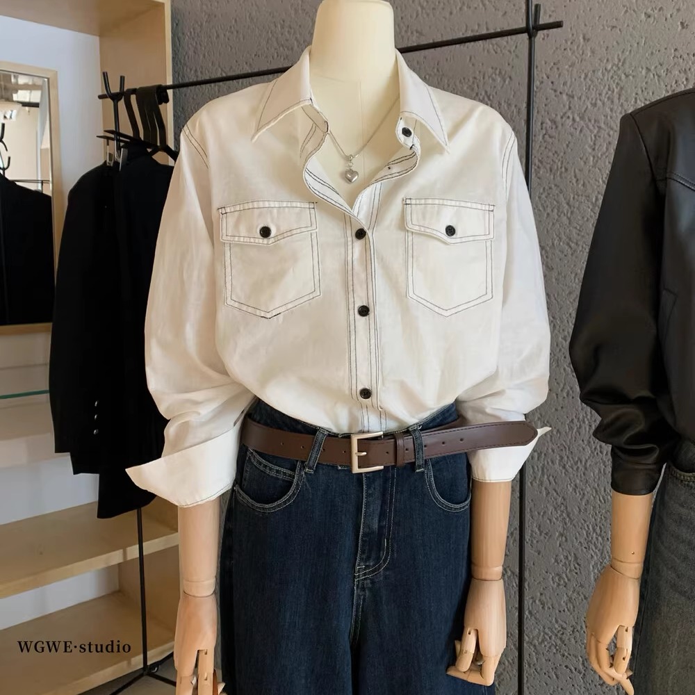 秋季透气小香风撞色明线长袖衬衫