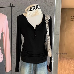 亨利领辣妹半开扣长袖 上衣 T恤打底衣女内搭高级感可外穿秋冬小衫