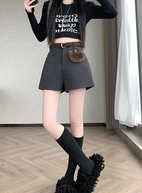 黑色毛呢西装短裤女秋冬新款高腰阔腿裤灰色超好看休闲裤子送腰带