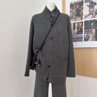 套装 休闲针织长裤 韩系高领纽扣毛衣外套加厚开衫 时髦博主老钱风