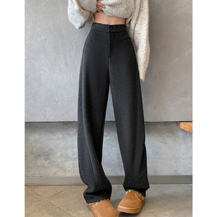 休闲直筒裤 黑灰色窄版 裤 女秋冬加厚高腰垂感显瘦羊毛呢西装 阔腿裤