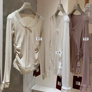 T恤白色小衫 V领蕾丝拼接内搭打底衫 女秋冬抽褶收腰显瘦小个子长袖