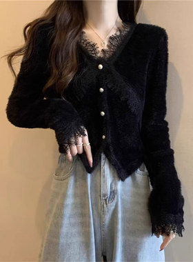 黑色蕾丝v领针织开衫女26春秋温柔软糯内搭打底衫毛衣巨好看上衣