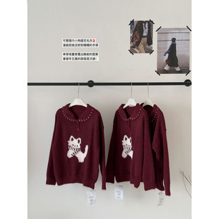 打底上衣 翻领新年穿搭针织衫 红色软糯小狗提花毛衣女春秋冬季 新款