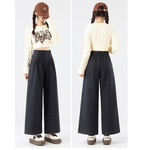 长裤 高腰松紧加绒宽松休闲直筒西装 子 女秋冬新款 韩系毛呢阔腿裤