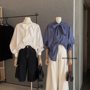 上衣 女小众设计感宽松休闲长袖 法式 高级感格子衬衣蝴蝶结系带衬衫