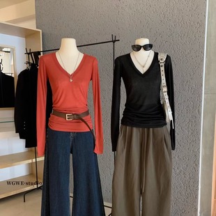绝美巨好看 美式 女早秋冬穿搭修身 t恤v领内搭打底衫 上衣 辣妹长袖