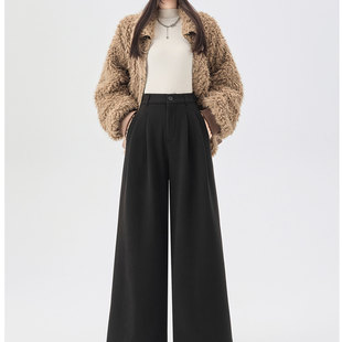 加绒加厚灰色毛呢阔腿裤 女秋冬小个子显瘦梨形遮胯配马丁靴直筒裤