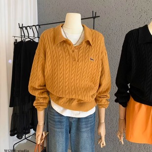 小狗刺绣粗麻花polo领女翻领针织衫 内搭保暖毛衣 秋冬穿搭显瘦长袖