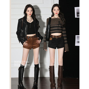 a字打底靴裤 甜酷辣妹高腰修身 女小个子秋冬装 pu皮拼接鹿皮绒短裤