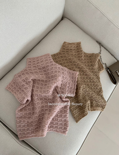 针织衫 短袖 女2025秋季 粉色纯欲半高领修身 上衣 新款 甜辣温柔风薄款