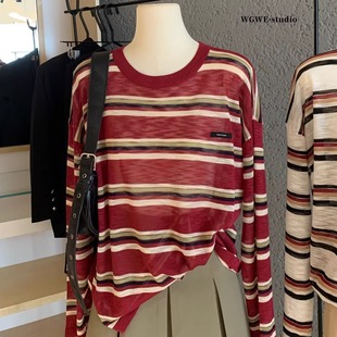 复古撞色条纹宽松慵懒长袖 上衣 T恤女秋冬设计感小众高级感打底衫