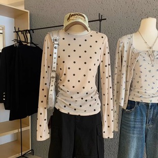 小众洋气韩系圆领波点T恤上衣女减龄秋冬显瘦百搭内搭长袖 打底衫