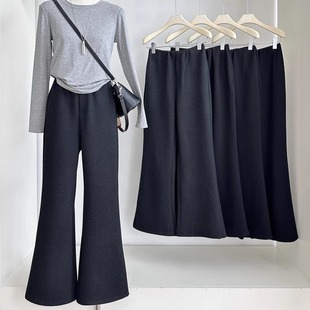 灰色高级绵羊毛双层复合微喇裤 子 女秋冬加厚宽松休闲运动黑色长裤