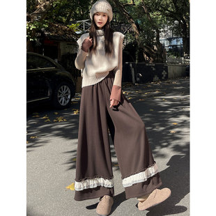 高腰直筒休闲长裤 冬季 女装 蕾丝花边加绒加厚超好看阔腿裤 外穿 新款